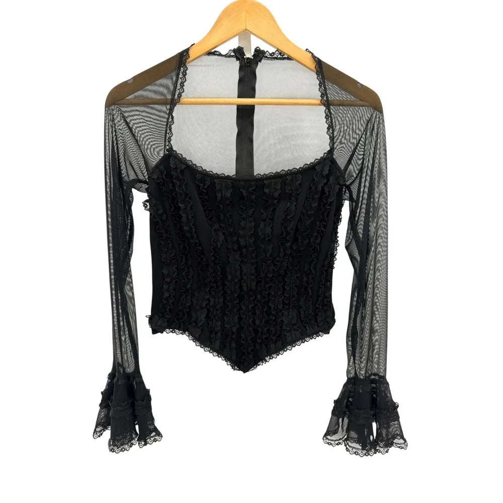 Tadashi Black Mesh Ruffle Corset Top Long Sleeve Victorian Gothic Vintage Size M